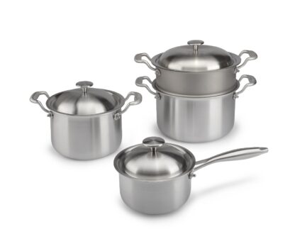 S3 7-teiliges Set – Kasserolle ∅ 16 cm, Kochtopf ∅ 20 cm, Topf ∅ 24 cm- Oberfläche aus Reintitan - Und Reintitan Dämpfeinsatz Ø 24 cm